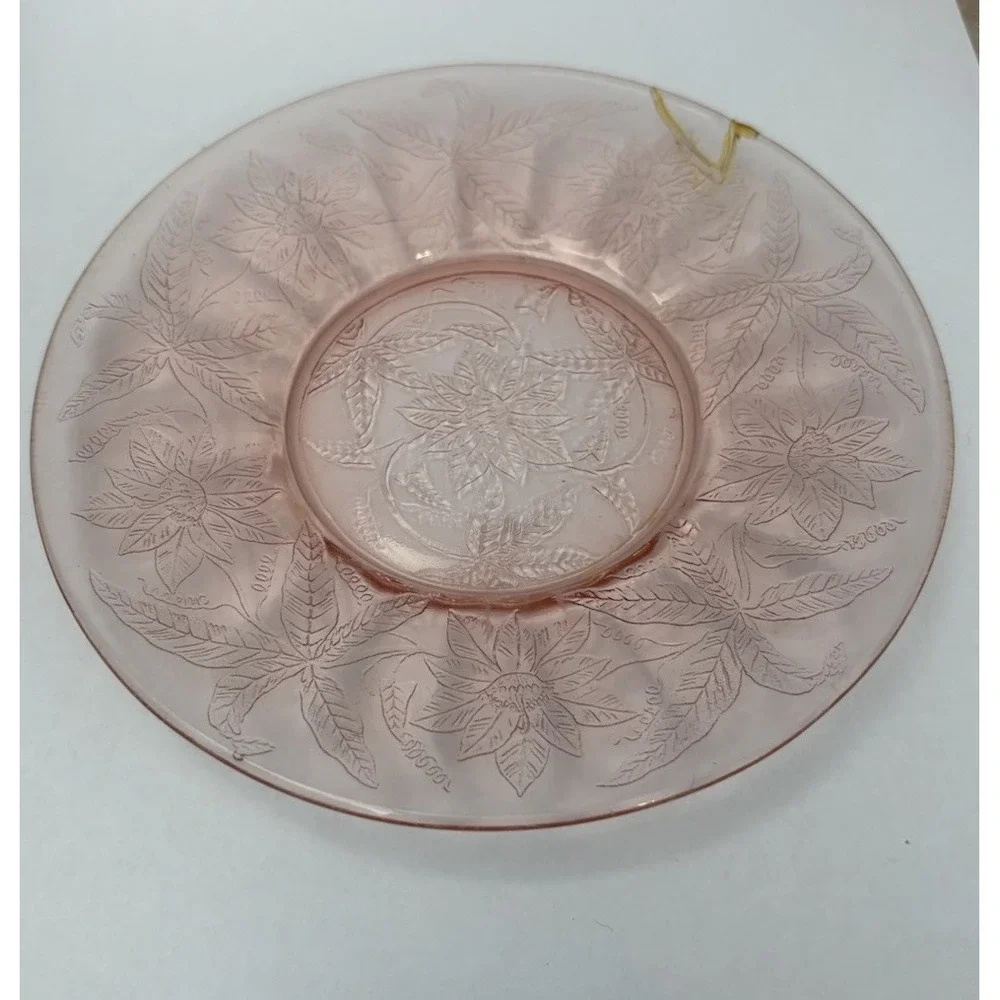 Jeannette Floral Poinsettia Pink Depression Glass Sherbet Cups Plates Set 12pc